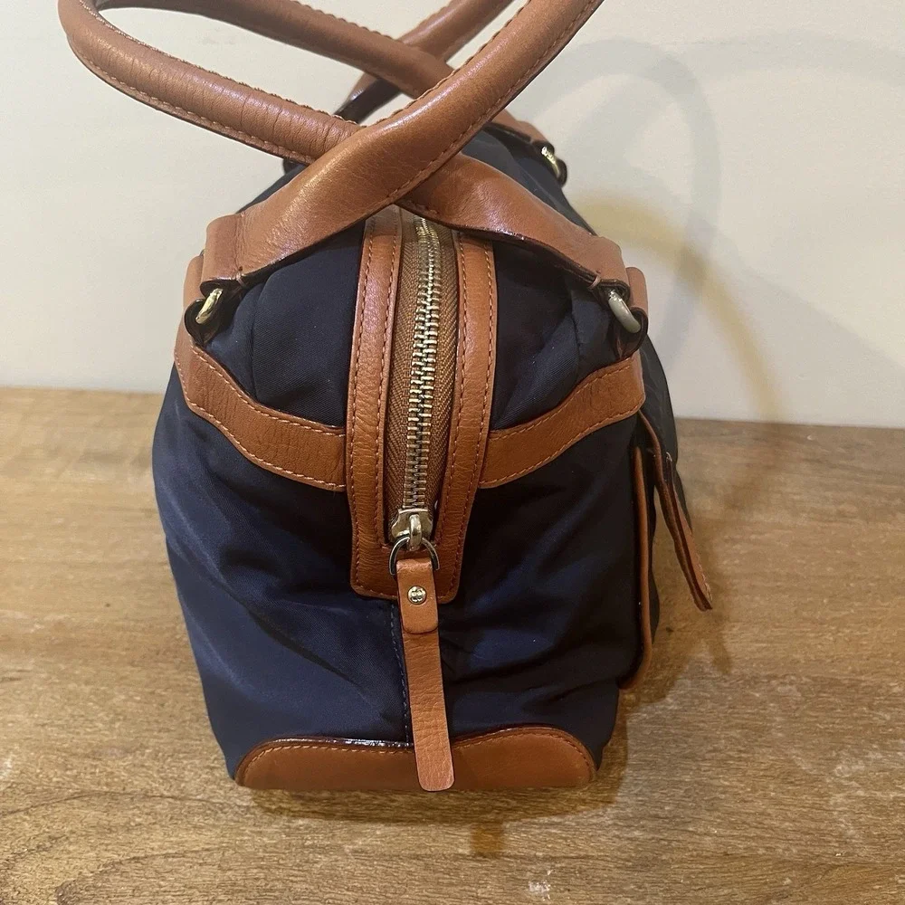 Kate Spade NY Navy Nylon Satchel Brown‎ Leather Trim Mini Bowler Top Handle Bag